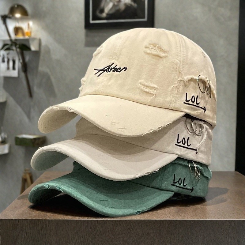 Topi baseball robek bergaya vintage Korea dengan cetakan huruf Amerika