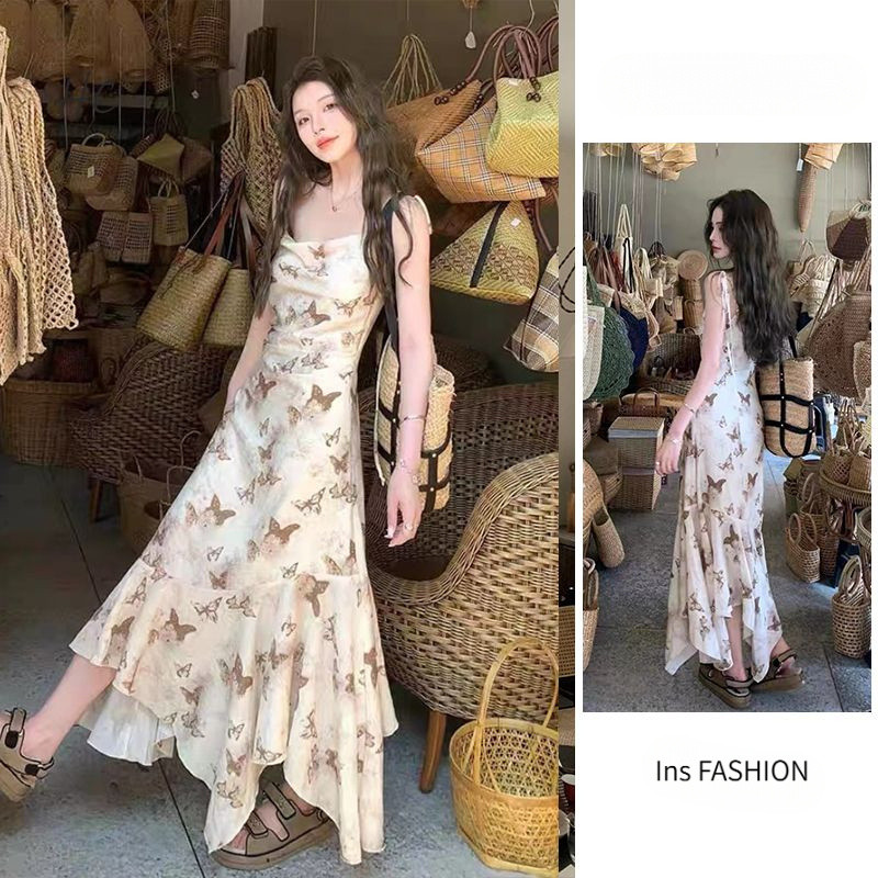 Dress Tali Tipis Wanita Motif Kupu-kupu Retro New Chinese Style Slim Fit Unik Liburan Summer