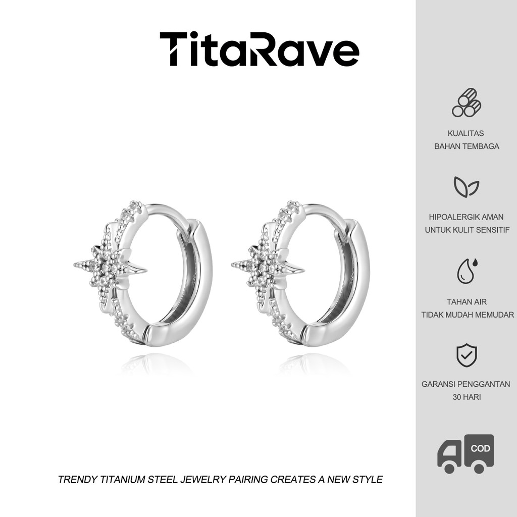 TitaRave Anting Wanita Perak Cantik Zirkon Bintang Fashion Hip Hop Kecil Bulat Anting Telinga Pria