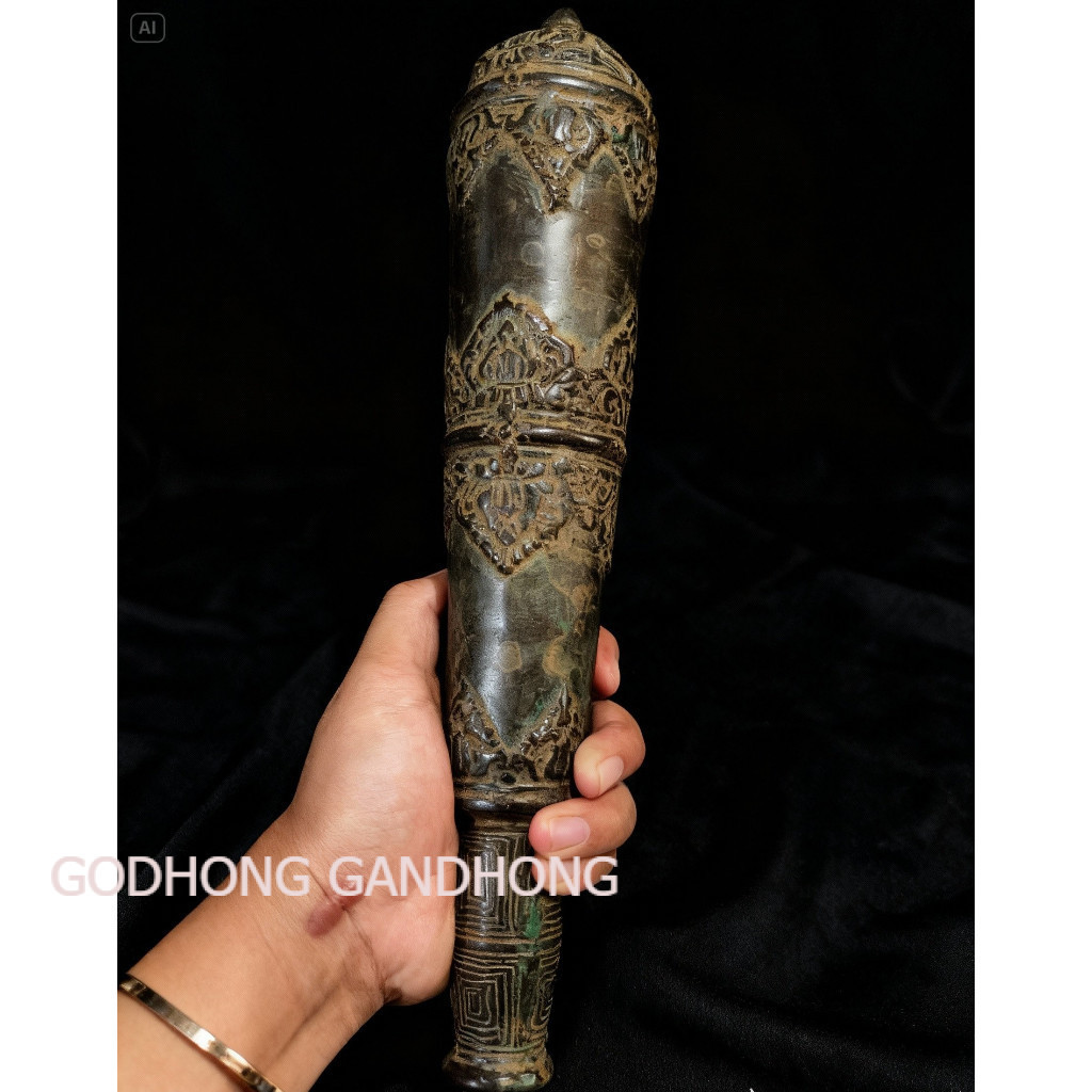 Godho Antik Berukir Logam Tua – Pusaka Tongkat Kuno Koleksi Langka / Barang Antik Unik LSP1