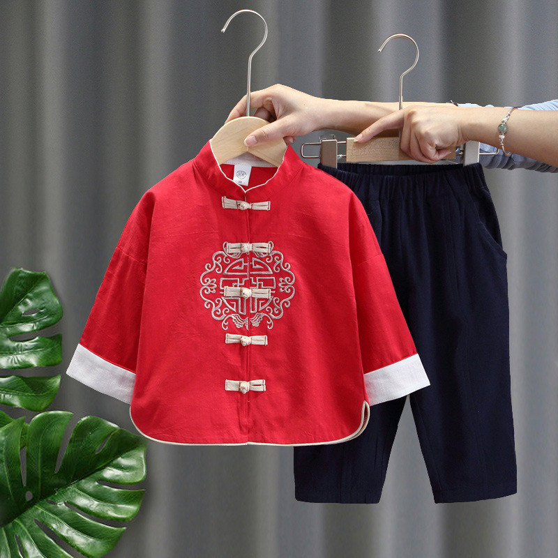 Setelan Tang Suit Anak Laki-laki Hanfu Lengan Panjang Katun Linen Tipis