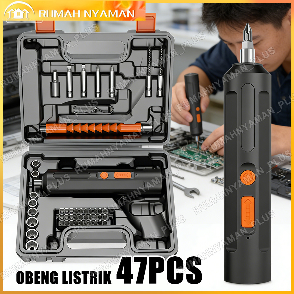 47PCS Cordless Screwdriver Mesin Bor Cordless Mini Screwdriver Obeng Baterai Bor Cordless Obeng Bor 