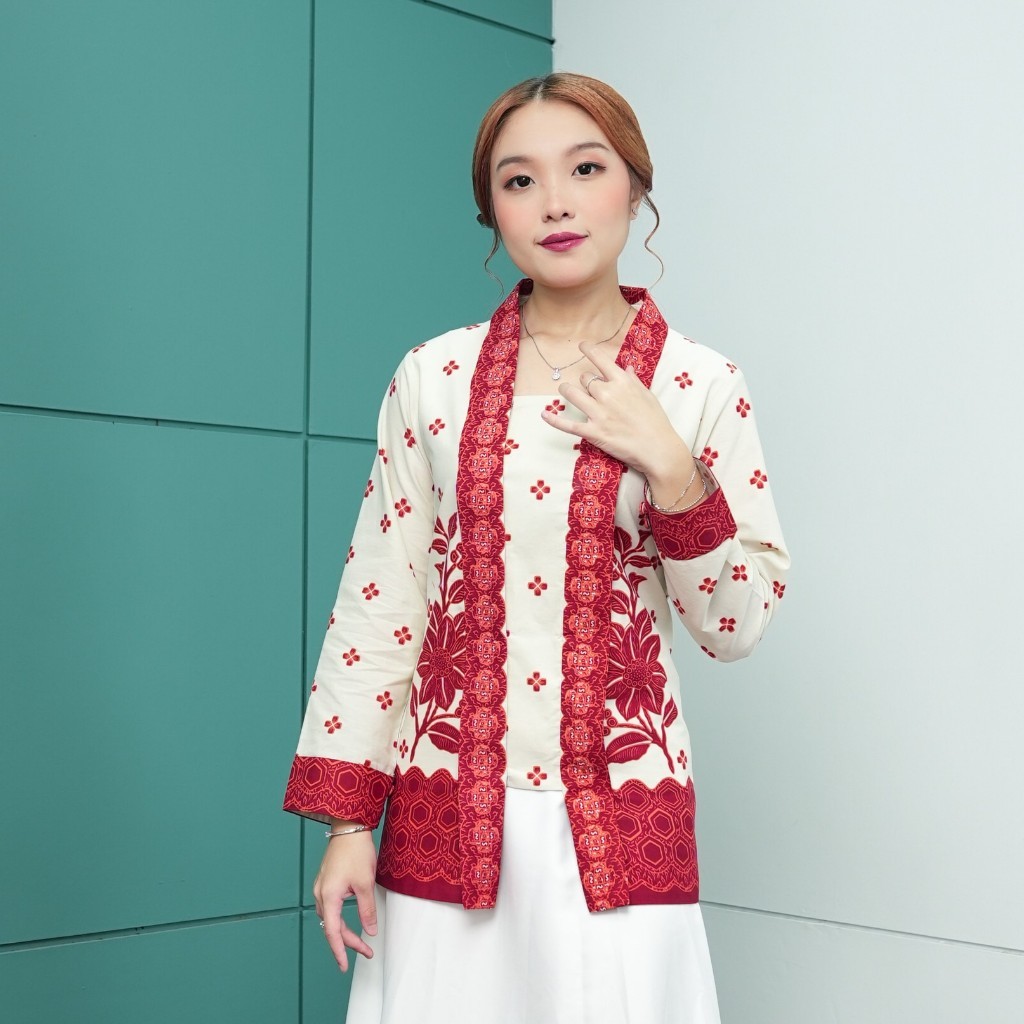 Sora Atasan Kebaya Kutubaru Furing Modern Batik Merah Maroon Lengan Panjang Baju Wisuda Kondangan