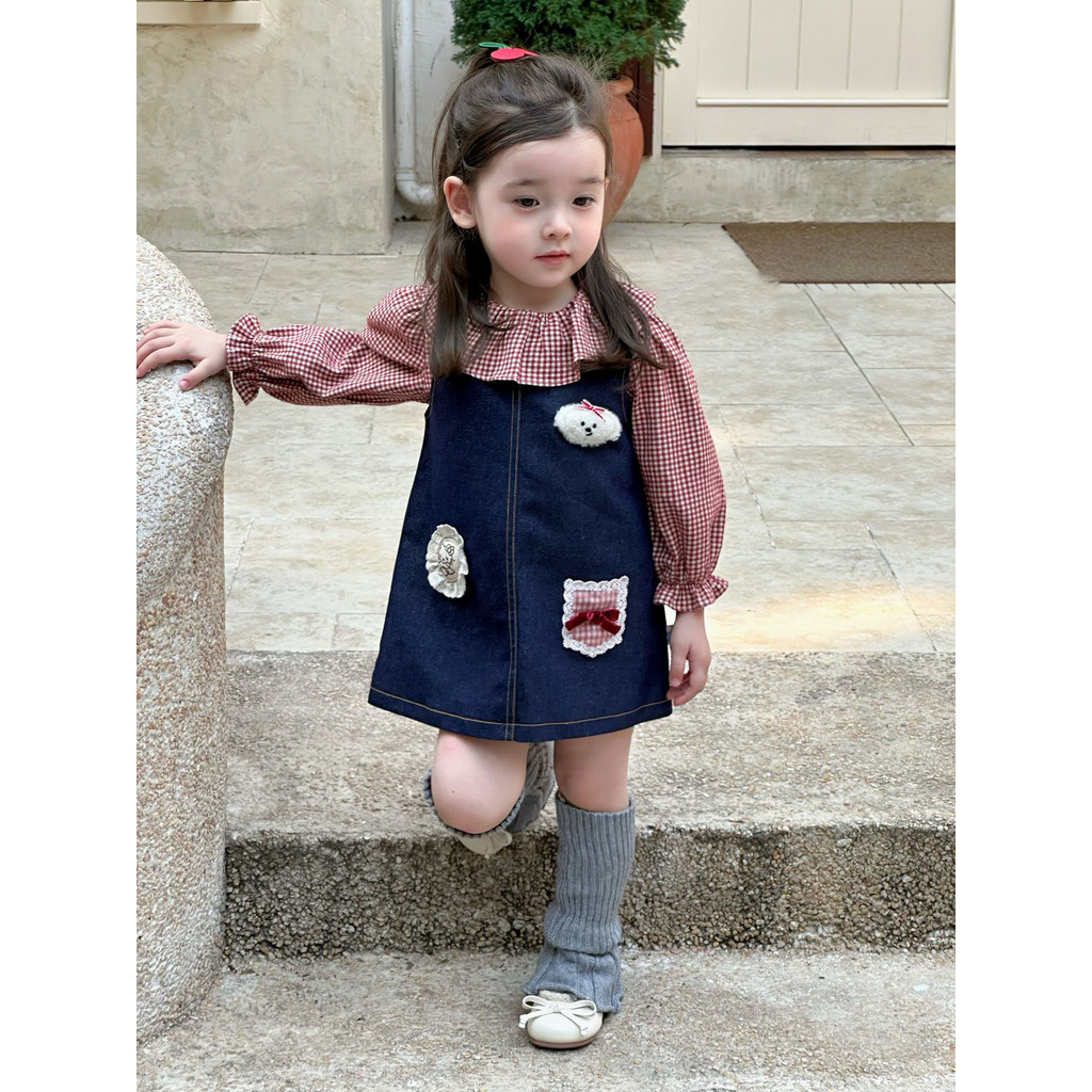 Set Gaun Tali Kartun Gadis Kemeja Boneka Kotak-kotak