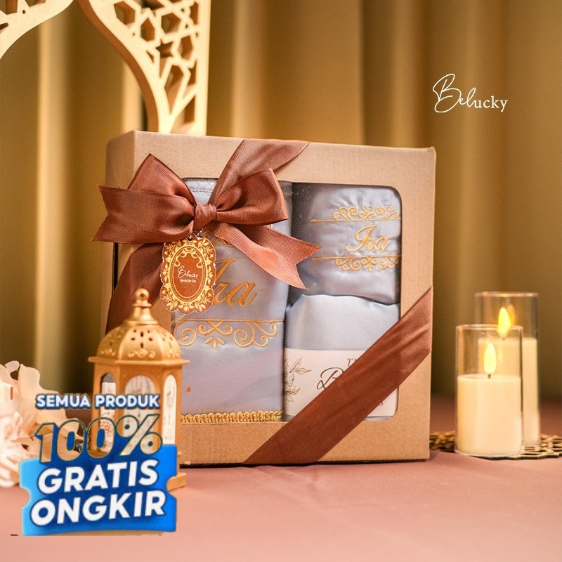 Sajadah Mukena Dewasa Bordir Nama Mewah 2in1 Premium Silk Couple Hampers Souvenir Oleh Oleh Haji dan