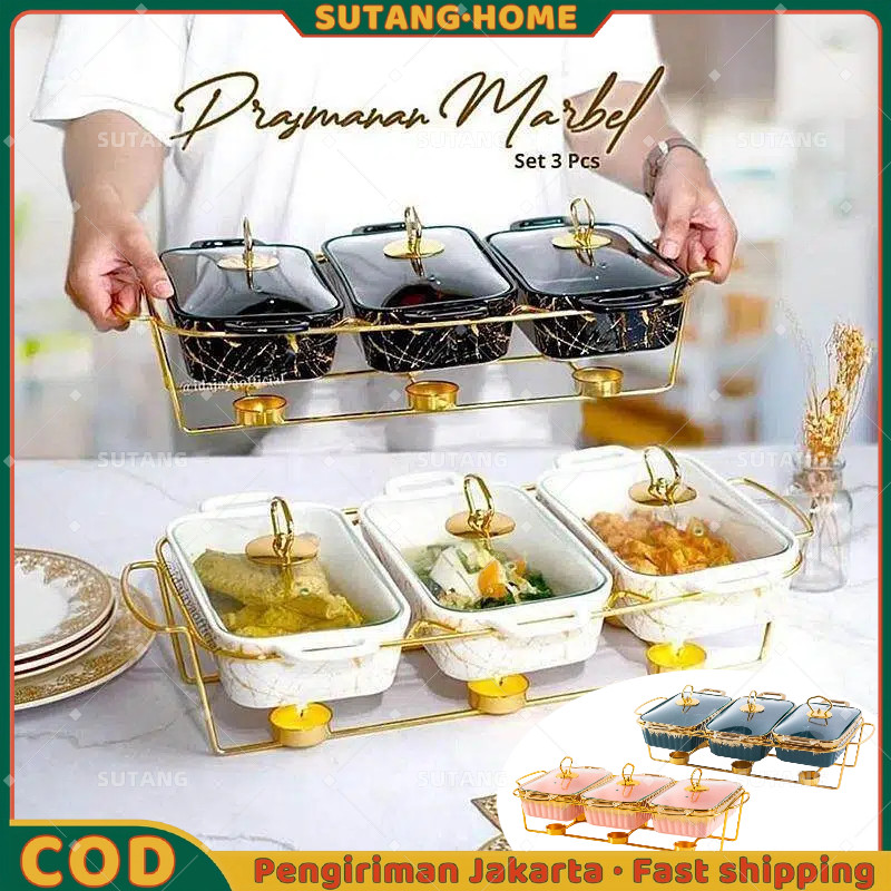 SUTANG Prasmanan Isi 3 Set Rak / Prasmanan Keramik Set Isi 3 Gold Mewah Marble / Prasmanan Keramik S