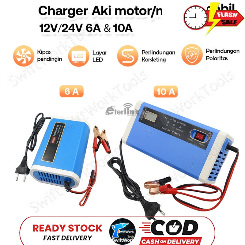Charger Aki Mobil Motor 12V-24V 10A/ Charger Aki Portable 12V-24V 10A Mobil dan Motor LCD Indicator 