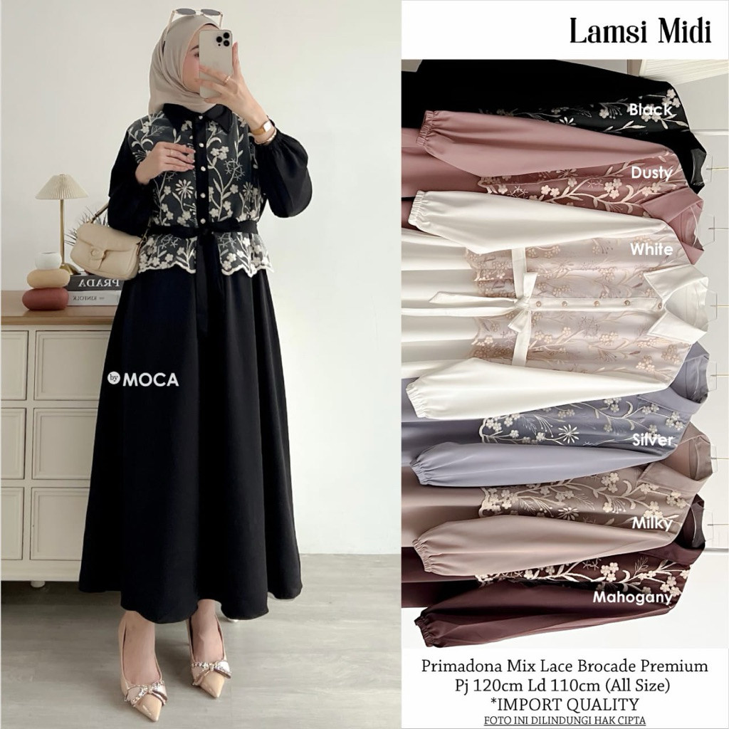 ada grup reseller tanyakan ke admdin alya store LAMSI MIDI DRESS POLOS MIX BROKAT LACE  MOCA alya st