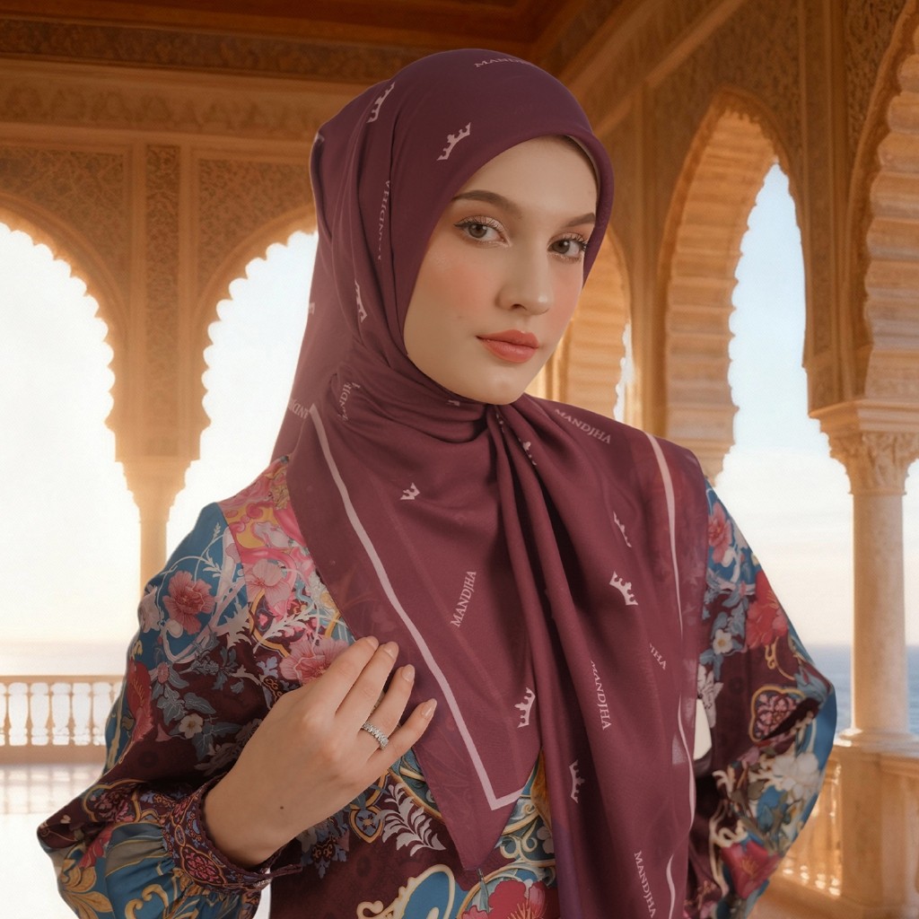 Hijab Segi Empat Motif Claire Maroon Scarf Voal Premium by Ivan Gunawan