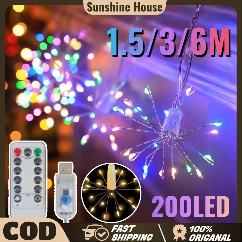 1.5/3/6M Lampu Kembang Api USB 200 LED Lampu Bintang Tembaga Lampu Ramadan Dekorasi Halaman Taman La