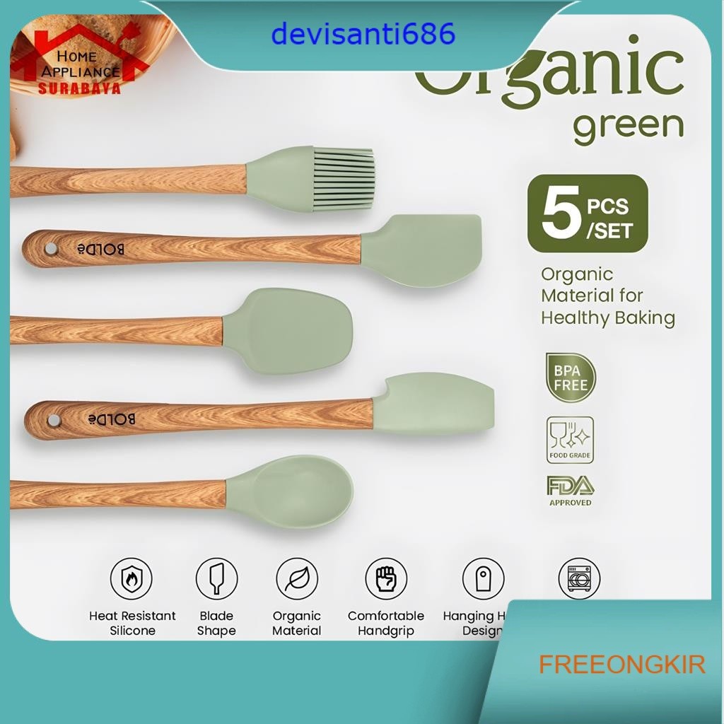 BOLDe Organic Green Baked Silicone Utensil - Spatula Silikon Baking Set 5 PCS Food Grade