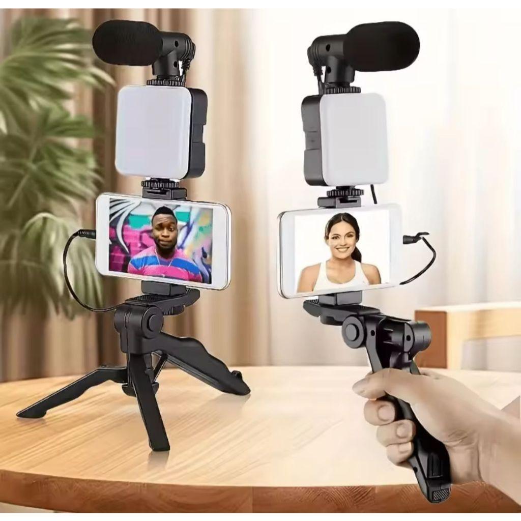Tripod Vlogging HP Mini dengan Microphone dan LED Light Stand Smartphone untuk Live Streaming
