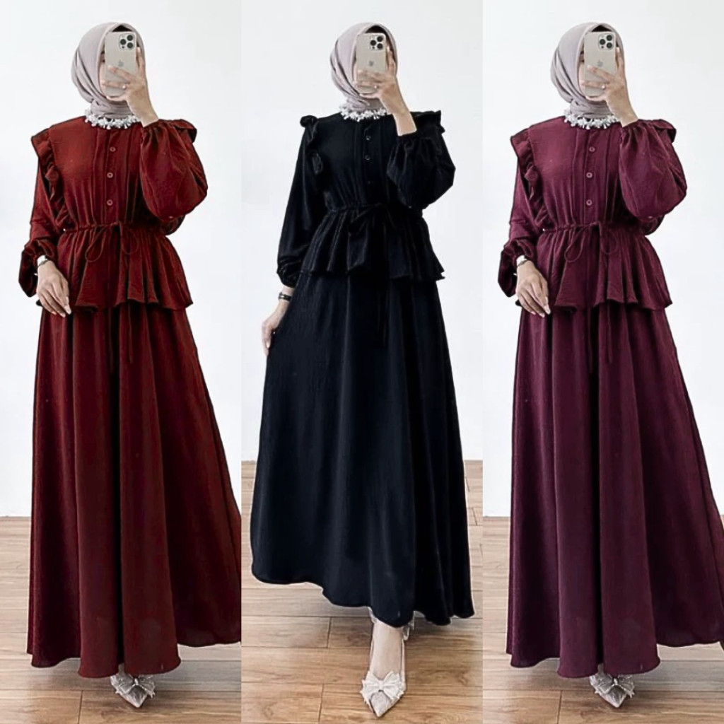 PROMO  Dress Ivana Rosaline Maxi Ruffle Busui | Slavina Gamis Polos Crinkle Airflow Wanita Maxy Ruff