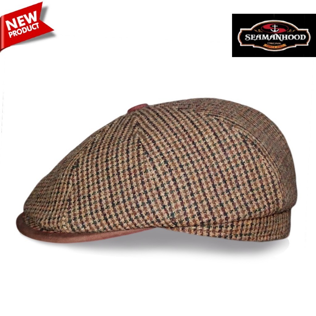 Topi Newsboy Hat Gatsby Style Original Seamanhood Flat Cap Wool Tweed Chesnut Kombinasi Kulit Vintag