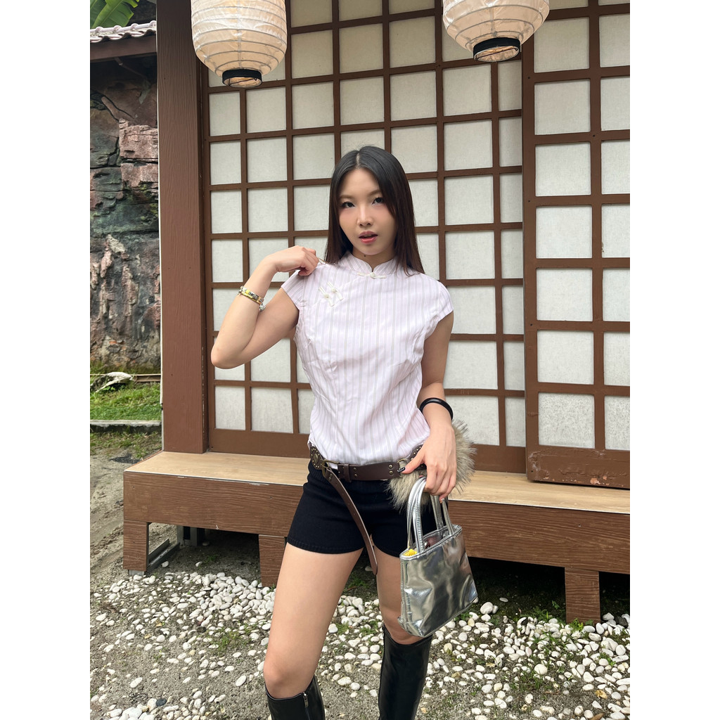 YONA.ID Snatched YUE Stripe Cheongsam Top - Atasan Wanita Cheongsam Modern