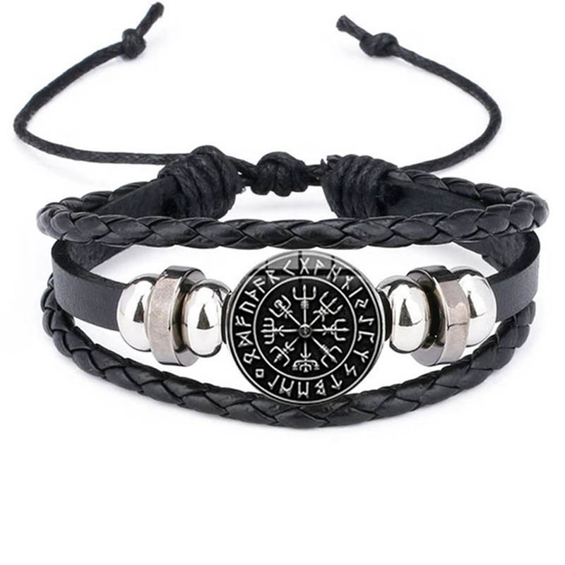 Vintage Viking Compass Trinity Bracelet Norc Rune On Pattern Punk Leather Bracelet Fashion Men'S Jew
