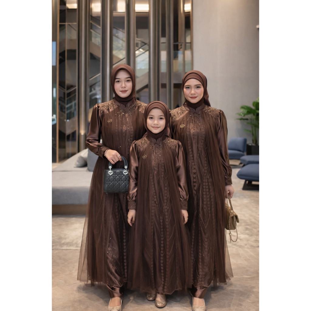 Baju Lebaran Gamis Brokat Couple Ibu & Anak Mewah Terbaru Dress Pesta Brokat Mahogany Gamis Sarimbit