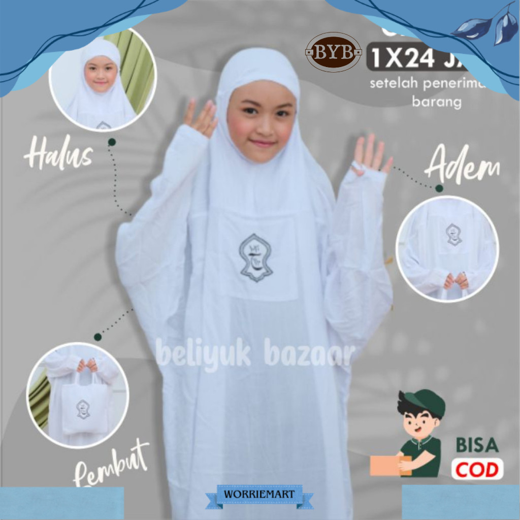 Mukena Anak Remaja Hadramaut Terusan Bali Terompah Polosan Warna Mukenah  Jumbo Rayon 5 Warna Putih 