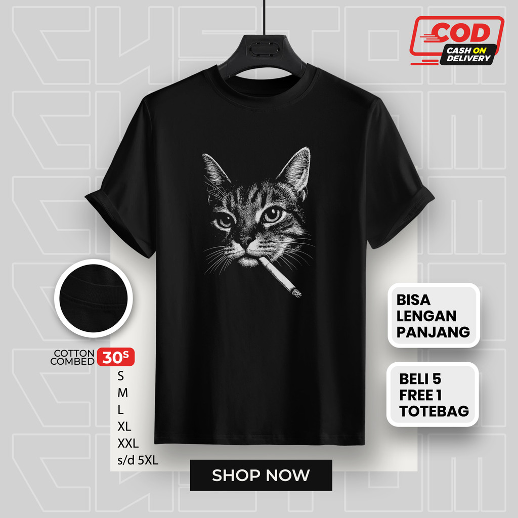 Kaos Cat Smoke Baju Distro Kucing Cotton Combed 30s Lucu Viral Jumbo Big Size Pria Wanita