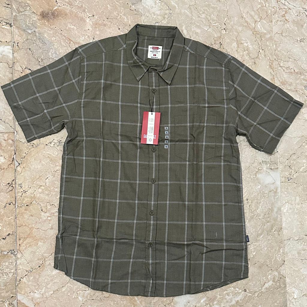 Kemeja Katun Pria lengan pendek GABRIELLE REGULER FIT 100% Katun - Kotak Olive - 81223429099