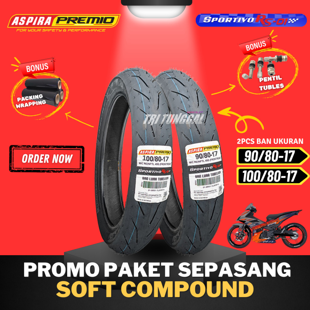 [PAKET SEPASANG] BAN ASPIRA PREMIO SPORTIVO RS01 RING 17  TUBELESS SOFT COMPOUND ( 90/80-17 + 100/80