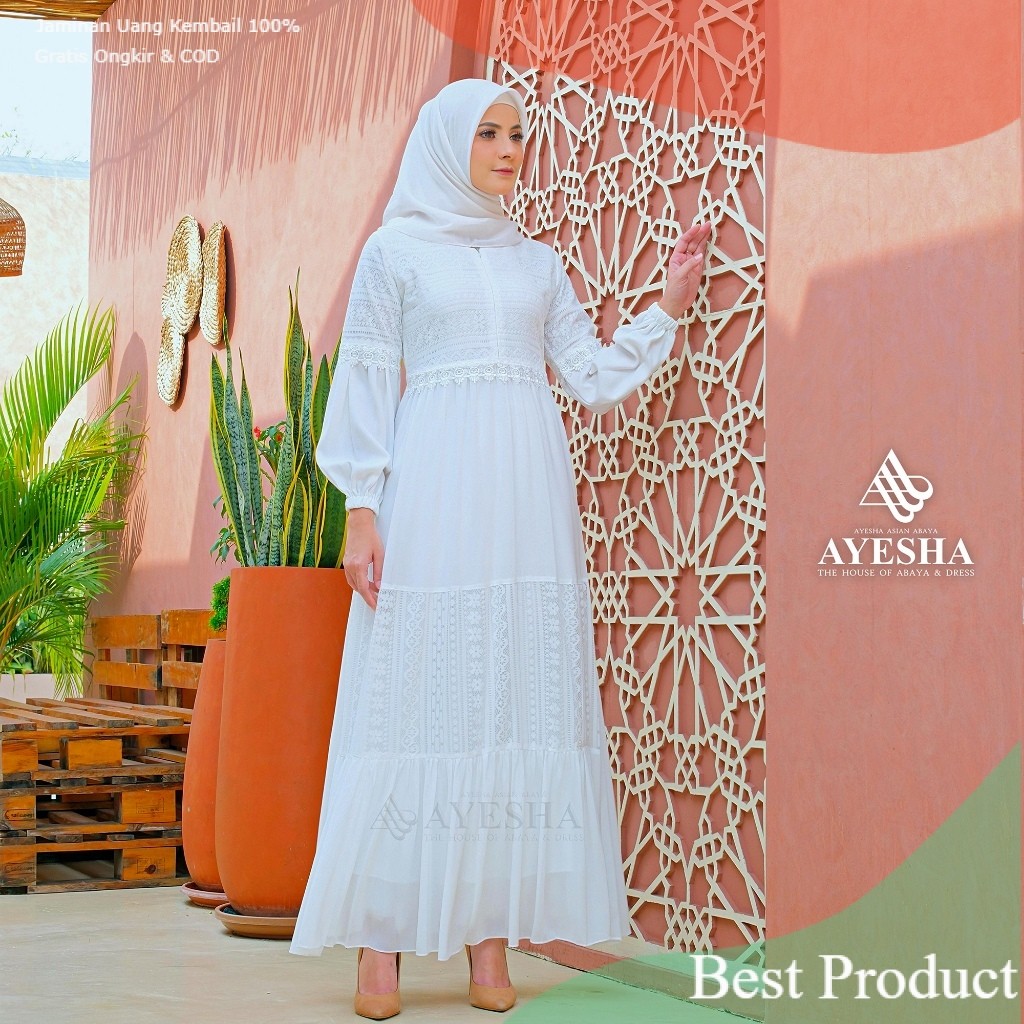 AYESHA Gamis Putih Brukat Wanita Mewah Elegan Terbarupakaian wanita lainnya