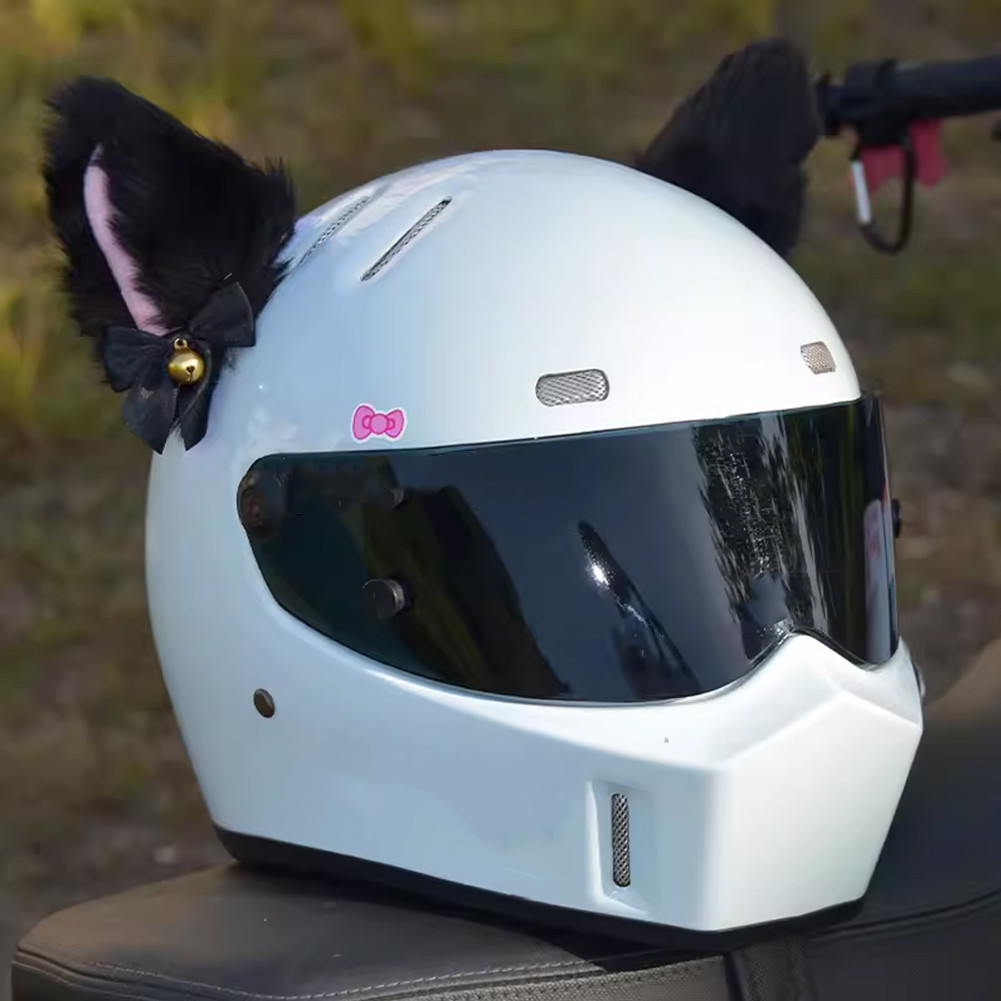 2Pcs Motorcycle Helmet Plush Cat Ears Decoration with Bowknot Bell Motocross Full Face Off Road Helm
