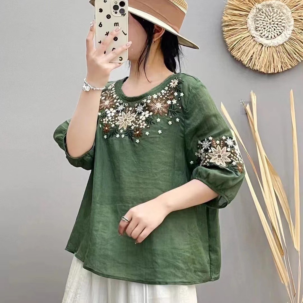 Baju wanita berkualitas tinggi dengan lengan tiga perempat bersulam T Atasan kemeja Kemeja pullover 