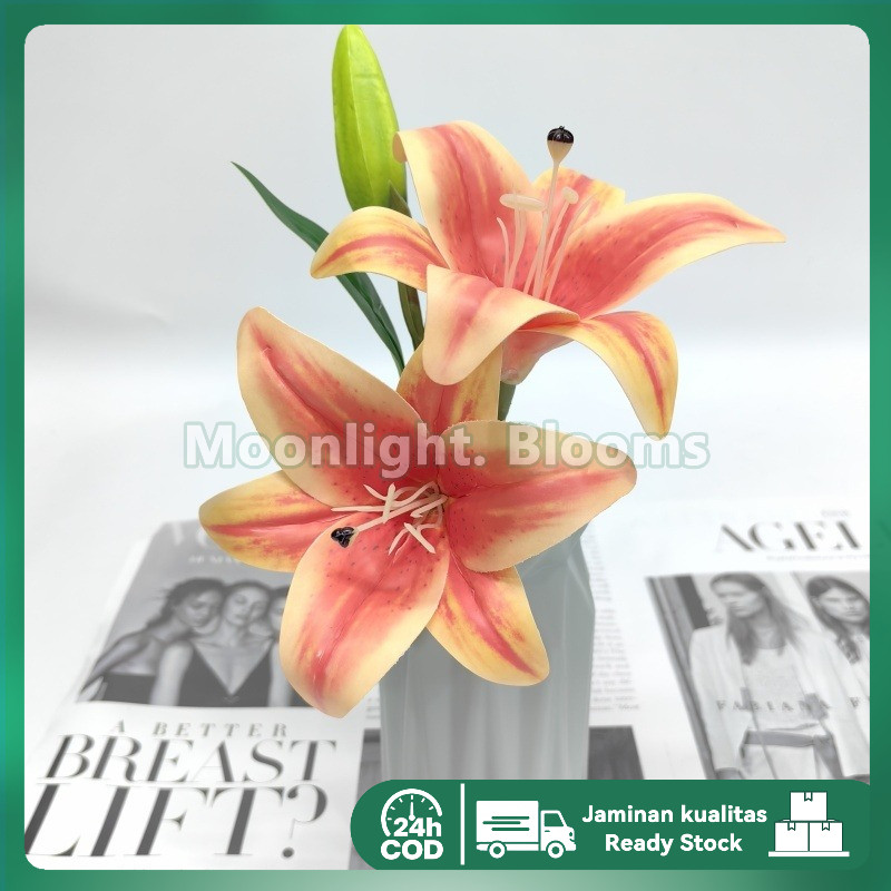 Bunga Lili Palsu 35cm 1 Batang 2 Bunga 1 Kuncup Diameter 14cm Bahan Plastik Batang Besi Dekorasi Rum