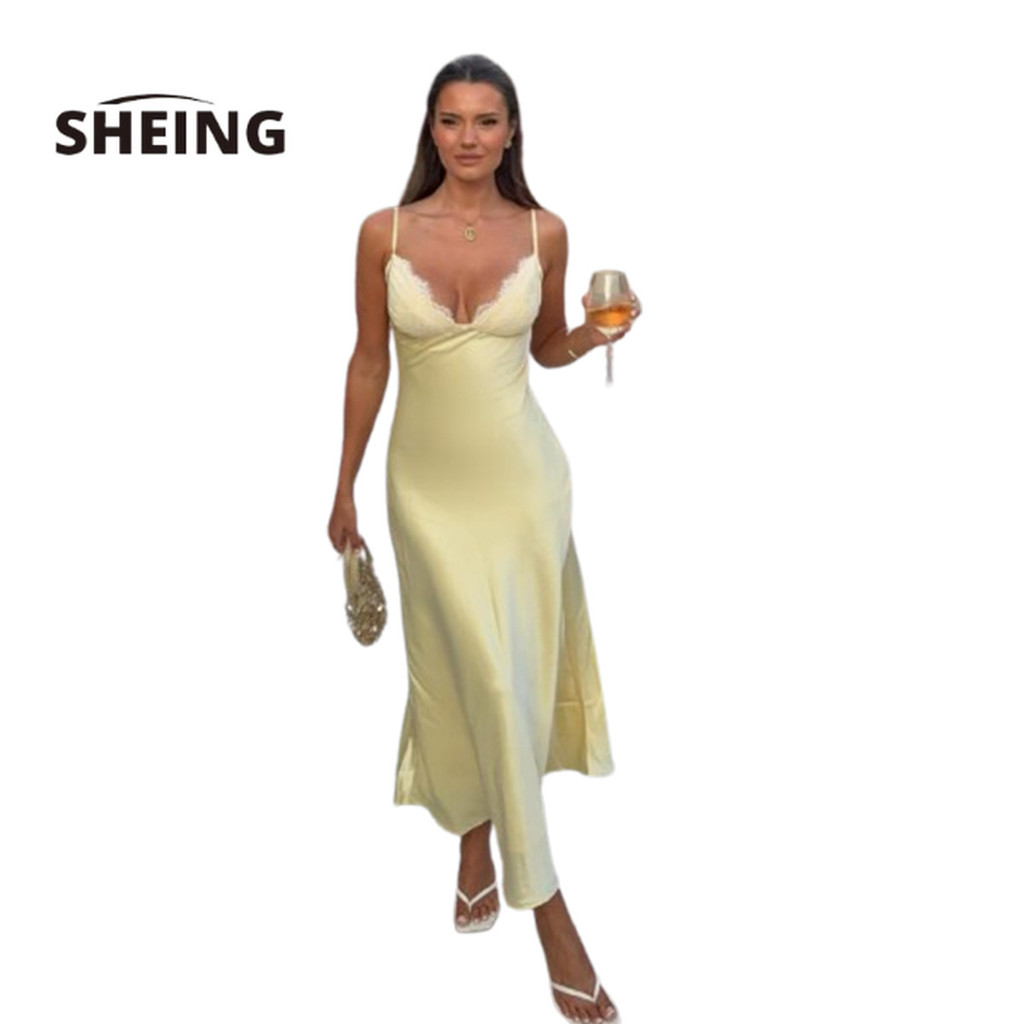 SHEING Dress Tanktop Panjang Wanita SHEING Gaun Wanita Eropa Amerika Satin Jahitan Tipis Baru Dress 