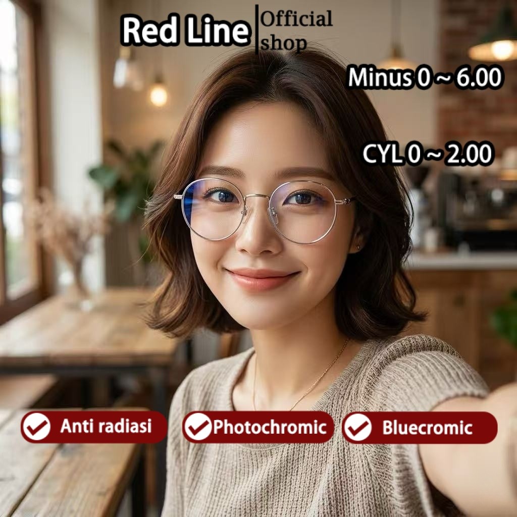 Red Line Kacamata Anti Blueray Radiasi Photocromic Minus Wanita Pria Cowok Korea Gya Besi Bulat 2 in