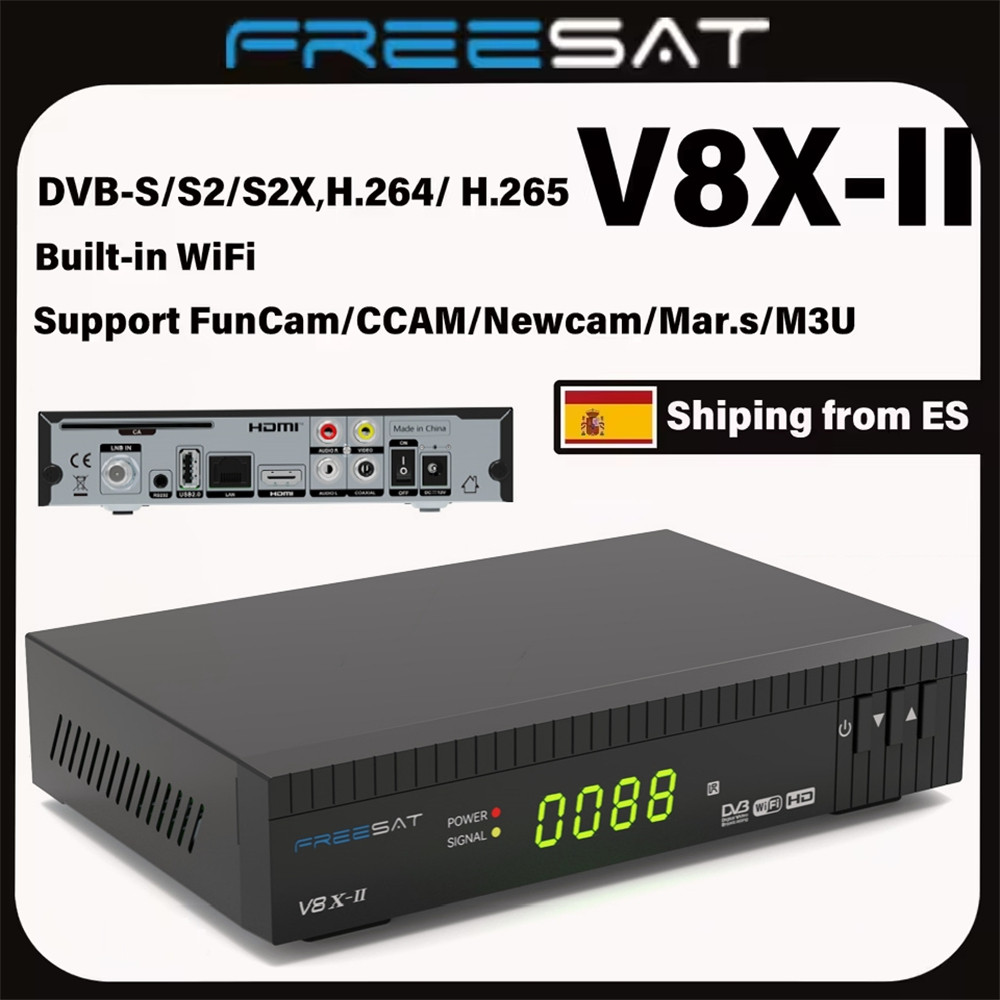 FREESAT V8X2 1080P Satellite Receiver DVB-S/S2/S2X,H.265 Built-in WIFI,MARS/FUNCAM/CCAM TV Box With 