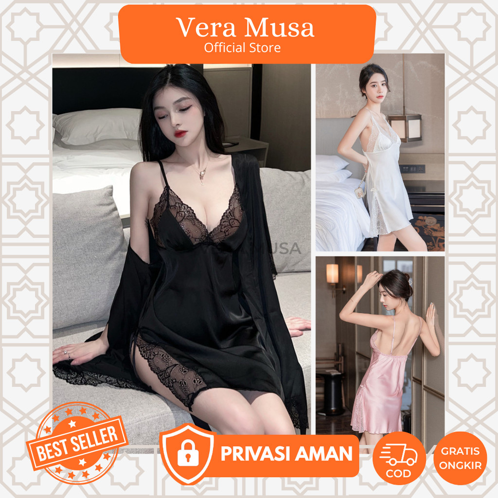 Vera VV17 Kimono Oneset Satin Dress Baju Tidur Dinas Malam Wanita Sleepwear Silk Pajamas Kimono Sese