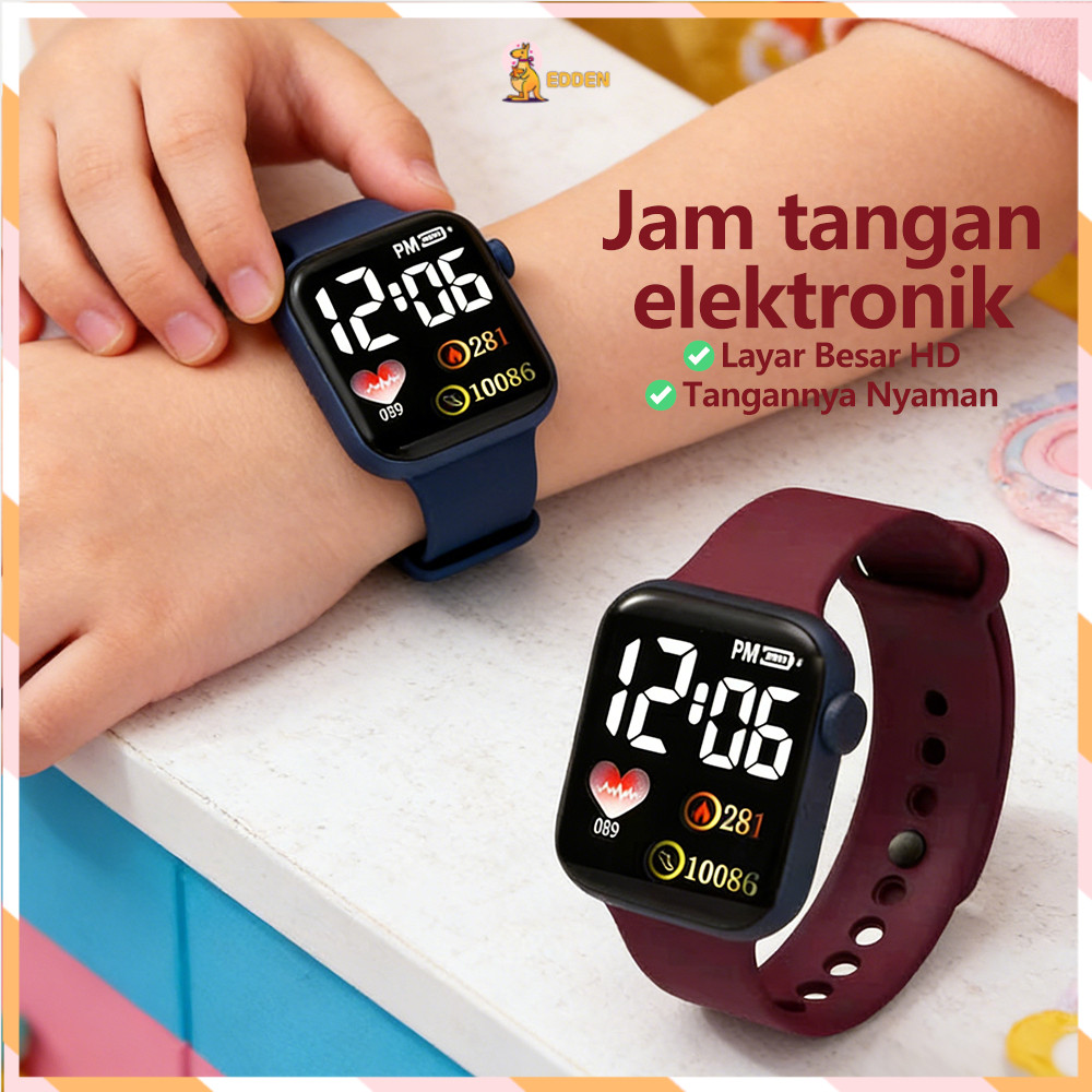 Edden Jam Tangan LED Digital Jam Tangan Karet LED Kotak Kecil Cinta Jam Tangan Anak Cowok Cewek Digi