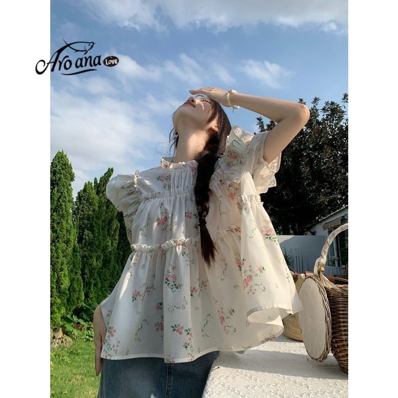 Aroana Love lengan Puff blus wanita   Baru Desain Bunga Manis Lengan Pendek atasan
