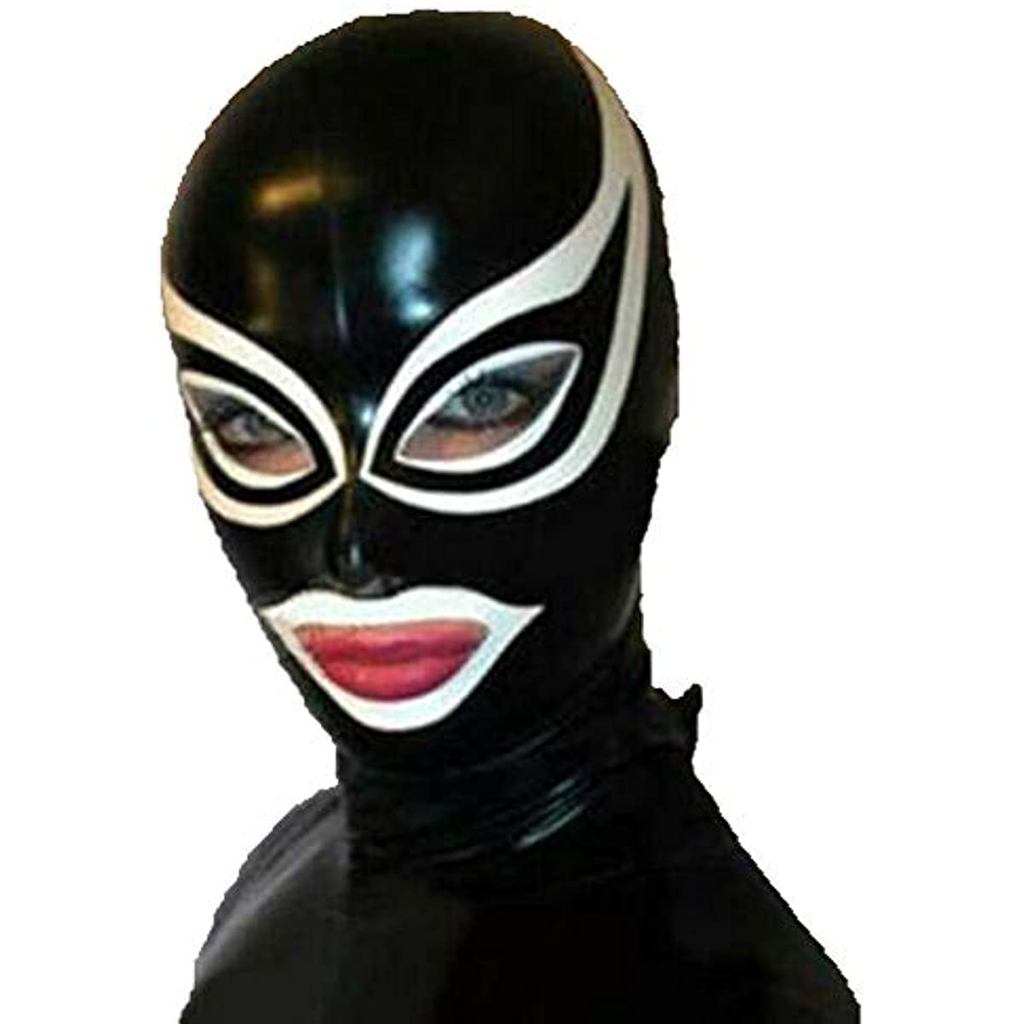 Black Latex Hood with White Trim Open Unique Big Eyes and Mouth Unisex Rubber Mask Back Zipper