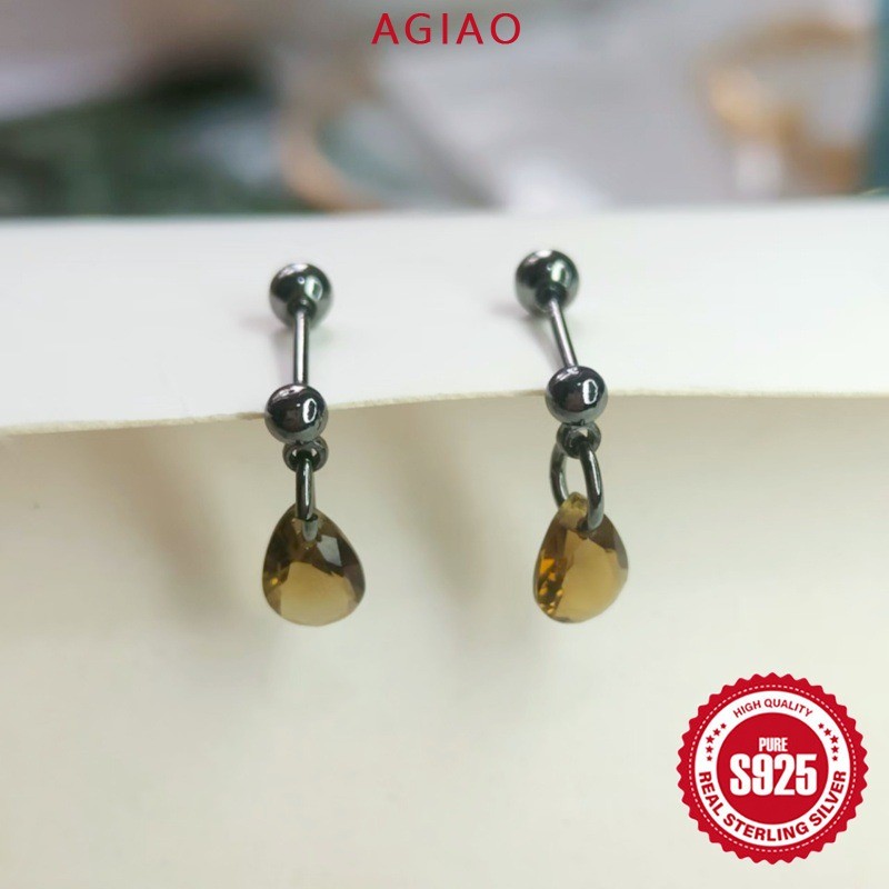 AGIAO Anting Tetes Air Coklat Teh Bentuk Pir Kecil Untuk Wanita Dengan Stud Belakang Sekrup Hitam