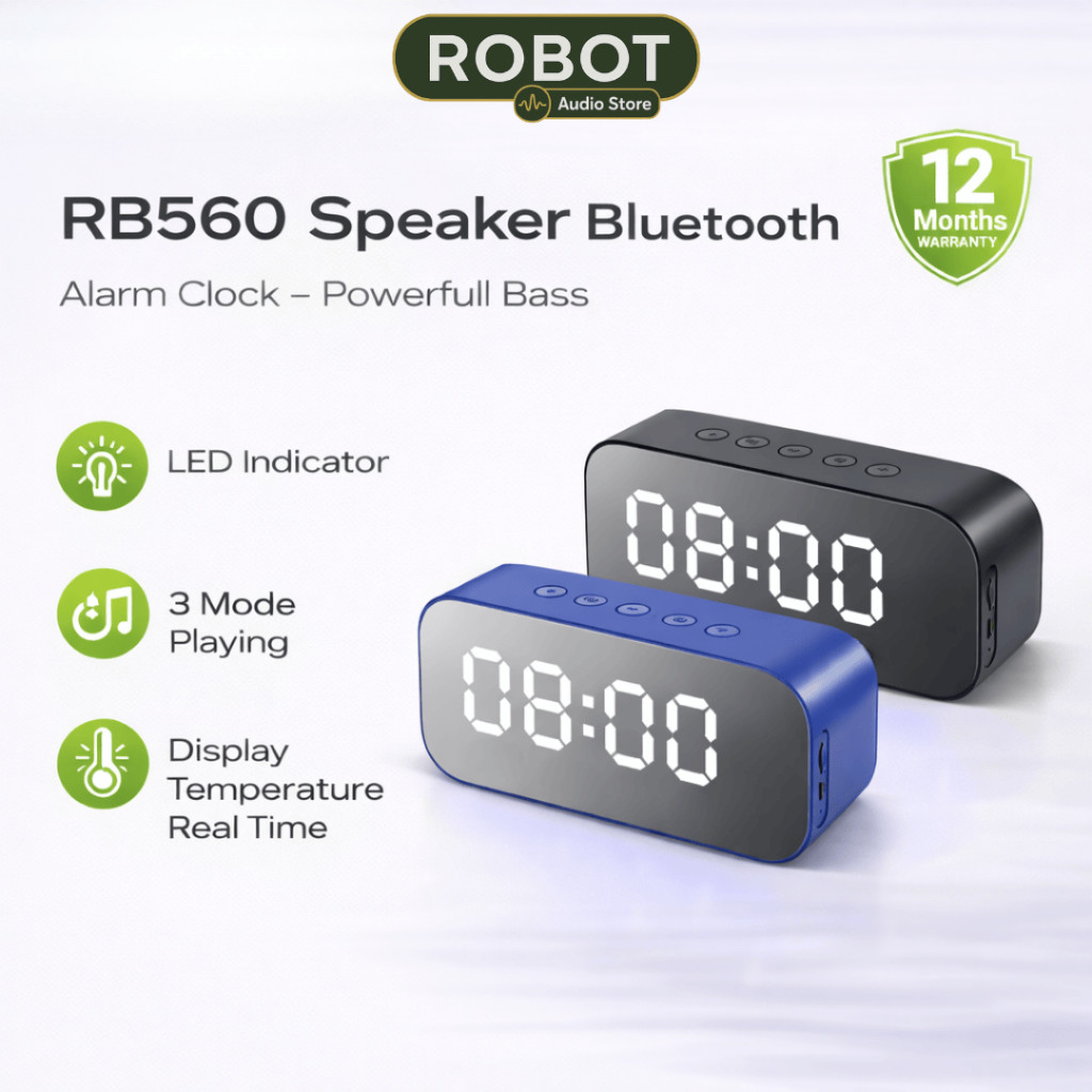 ROBOT Speaker Bluetooth Super Bass RB560 LED Jam Display Dual Smart Alarm Powerful Bass Mirror Speak