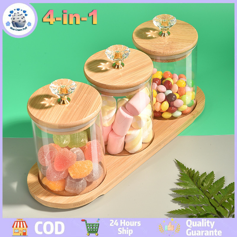 Tempat Bumbu / Candy Jar / Toples Kaca Diamond 3in1 dengan Nampan Kayu