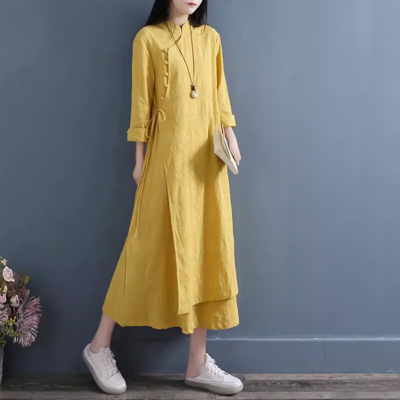 Women's Chinese Style Buttoned Improved Cotton Linen Dress