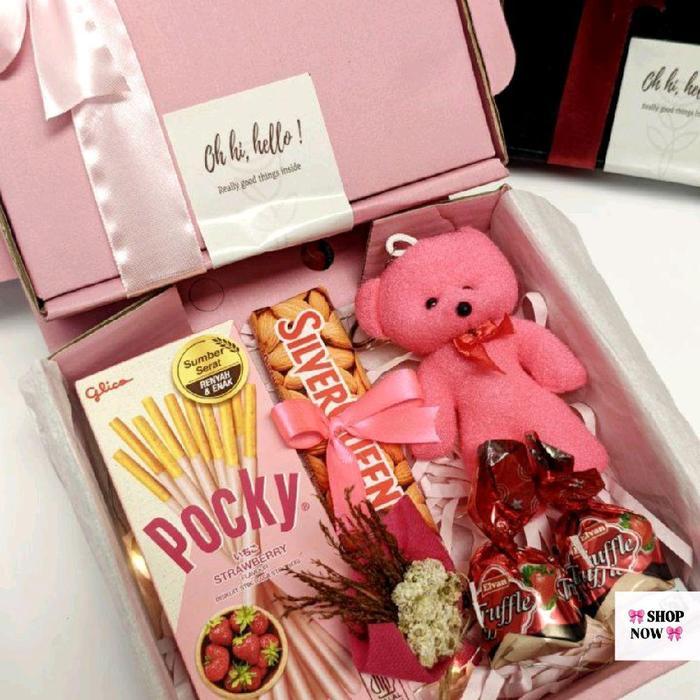 Promo Hampers Snack Box Kado Pink Series paket bebas Request Ucapan Gift Sets Ulang Tahun Anniversar