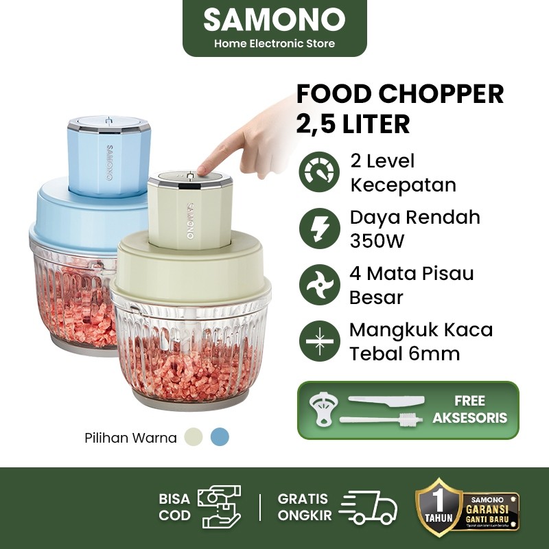 SAMONO Chopper Multifungsi 350W Kapasitas 2,5L SW-CG350 Mangkuk Kaca 6mm Pisau Stainless 4 Bilah BPA