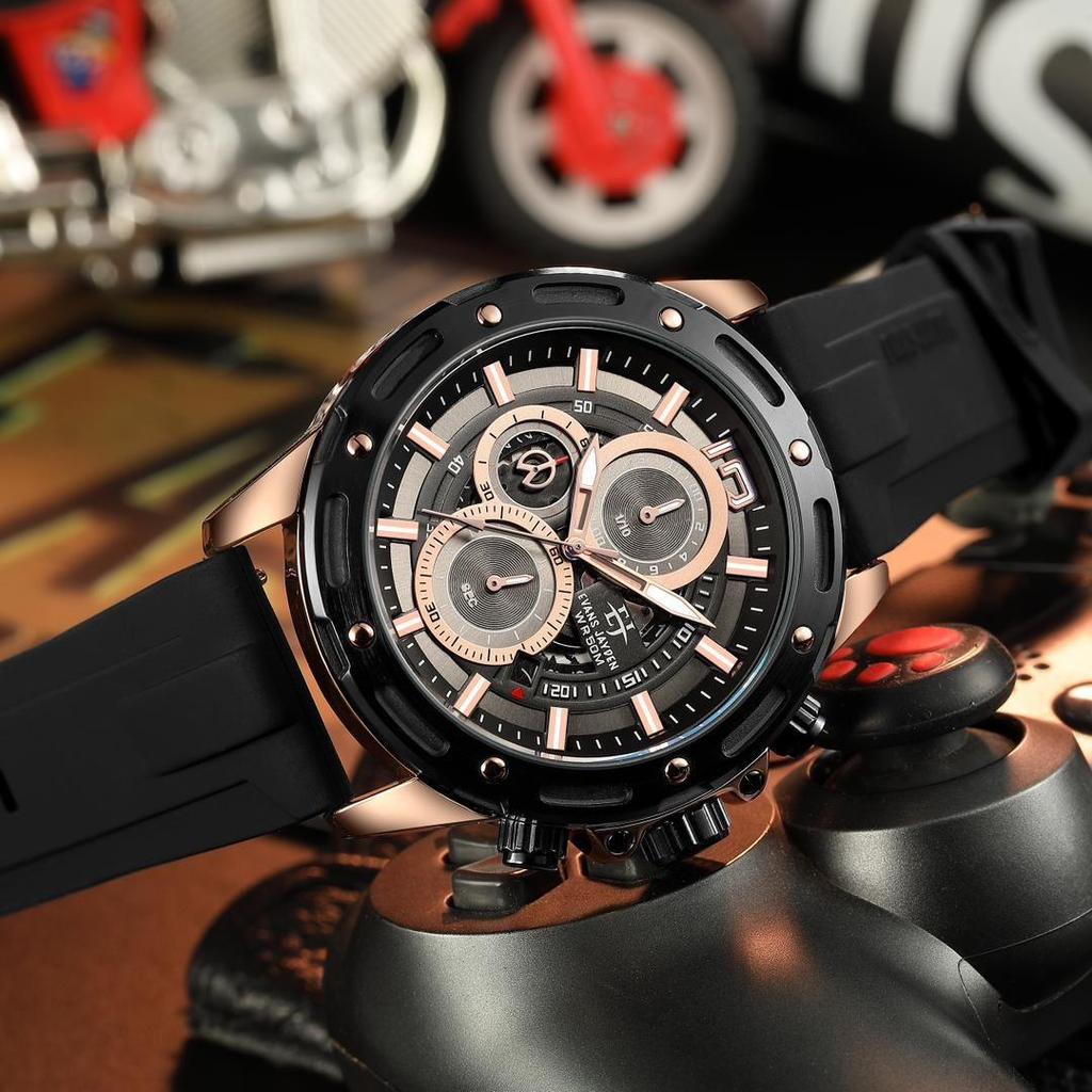 jam tangan Evans Jayden Jam Tangan Pria 9494 Rubber Kaca Sapphire Chronograph Water Resistant 5ATM S