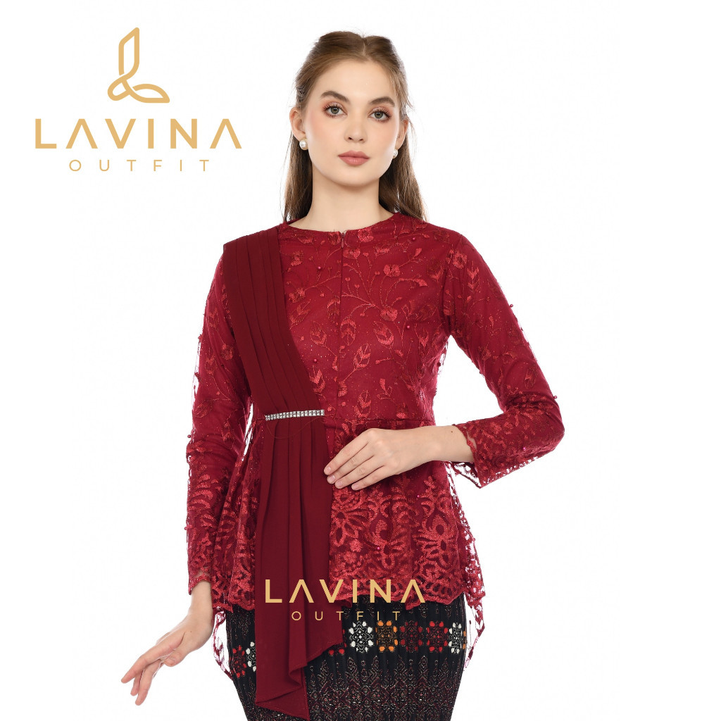 Lavina – Kebaya Atasan Blouse Selendang Aurel Premium Tile Bordir Mutiara Model Modern Elegan untuk 