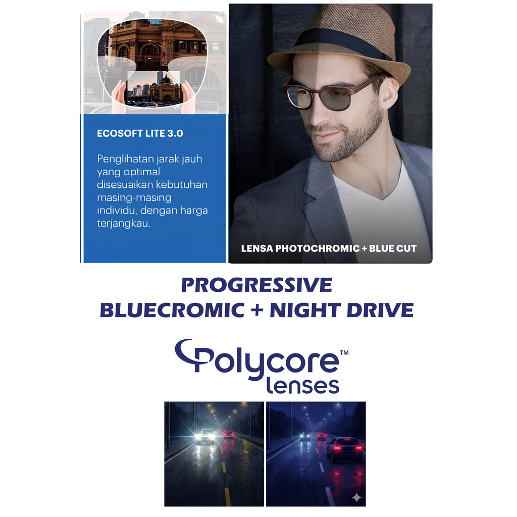 Lensa Progressive POLYCORE NIGHT DRIVE With Coating Anti Glaire - ECOSOFT LITE 3.0 FREEFORM PROGRESI