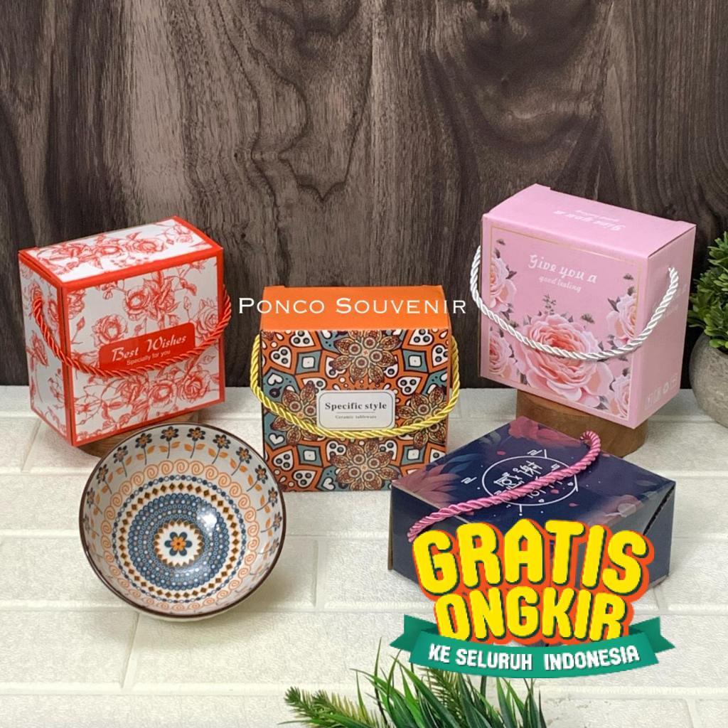 Hampers/ Mangkok Keramik Motif Korea Isi 1 Plus Box/ Hijau Toska Biru Aqua