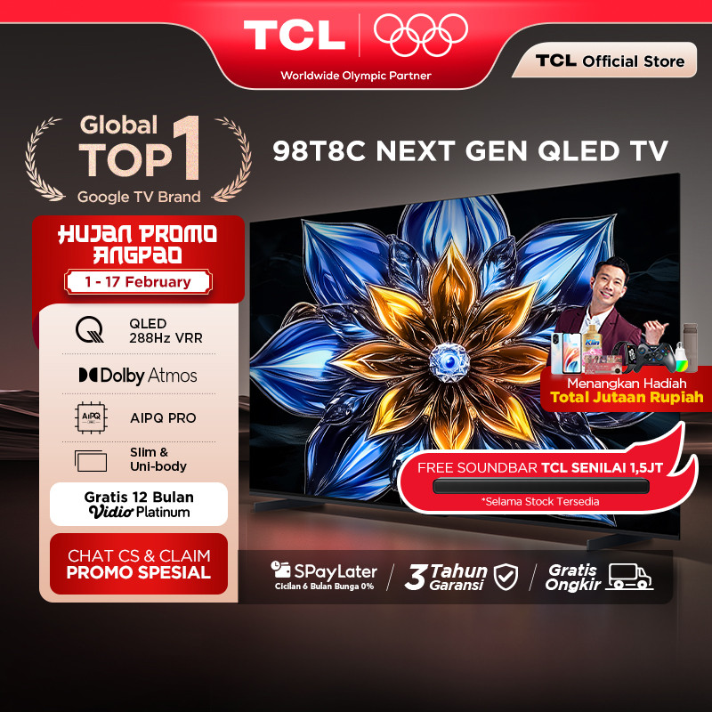 TCL Next Gen QLED 98 Inch T8C - 4K Google TV - HVA Screen - HDR10+ - Dolby Vision & Atmos - 288Hz VR