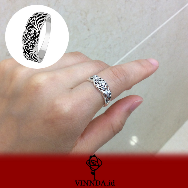 Cincin Bunga Mawar Hitam Perak Retro Baru VINNDA
