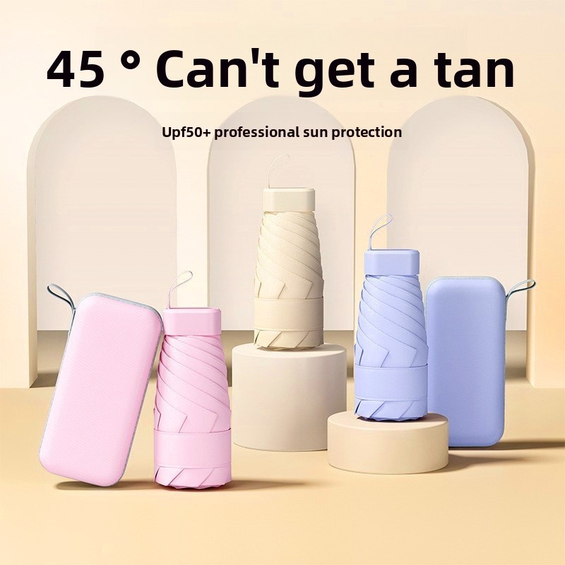 Umbrella with Card Case Portable Sun Protection AntiUV Rain or Shine Capsule Umbrella Flat 6fold Umb