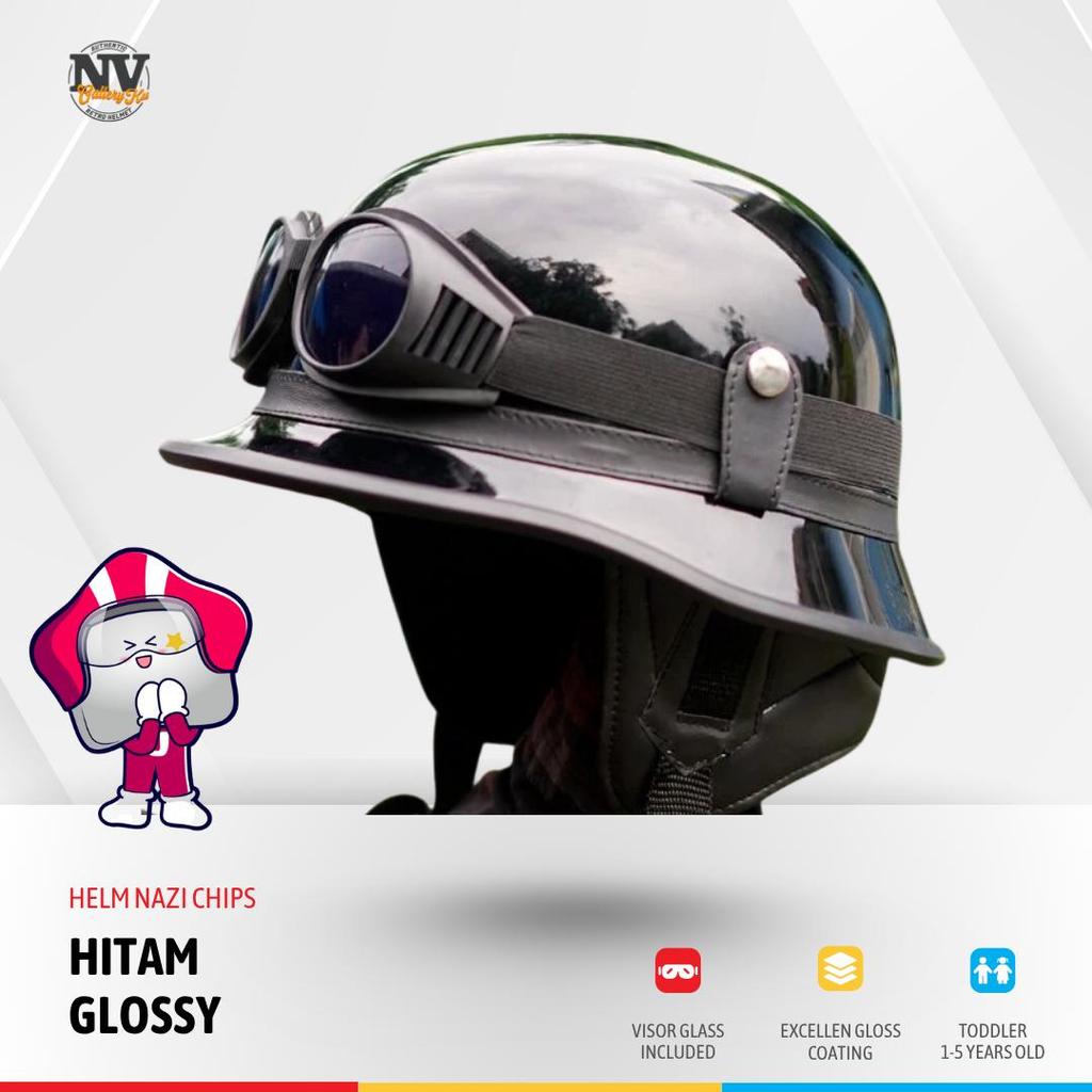 Helm Nazi Retro Chips Hitam Glossy Kulit Dewasa Cowok Cewek Unisex Vespa Aesthetic Kacamata Skena